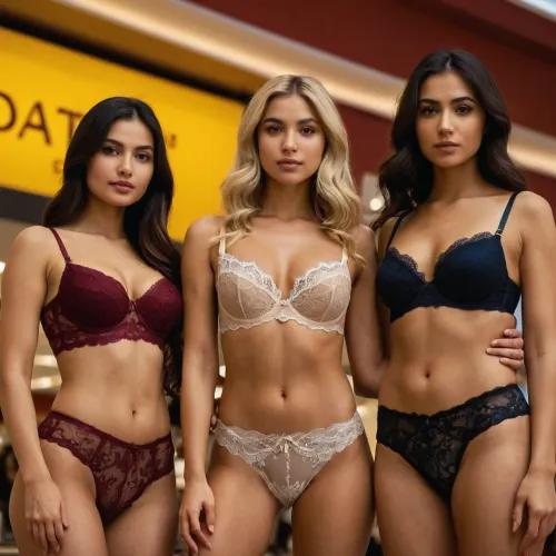three, (very petite), women, (20 years old), standing on a stage in a shopping mall wearing lace-lingerie, (different colors), lace-bra, lace-panties., (One woman is slavic, blonde), (one woman is arabic, brown hair), (one woman is south-east-asian, black hair), ., (realistic, hd, photography)