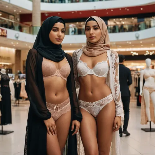three, (very petite), Arabic women, (20 years old), standing on a stage in a modern shopping mall wearing lace-lingerie, (different colors), lace-bra, lace-panties, lace-hijabs., (realistic, hd, photography), .