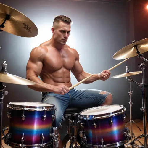 a male muscular metal drummer receiving footjob while playing the drums