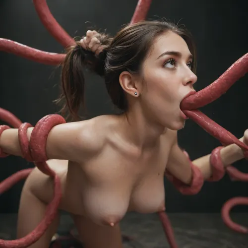 A girls with brunette hair, fucked by tentacles, tentacles in pussy, tentacles in ass, tentacles in mouth, deepthroat, deep anal penetration, suspended by tentacles, tentacles pulling hair, tentacles wrapped round throat, dark room, one light above