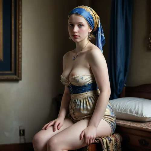 Vermeer’s girl with the pearl earring bare shoulder. Full Body shot, nude, chubby, a tentacle creeping Up her Leg into her summerdress