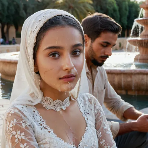 portrait of a, (very petite:1.3), (19 year old), (arabic woman), (lace-hijab), (lace-dress), (cum on face), (cum on hijab), sitting near a fountain. Behind her stands a man, gray beard, traditional arabic clothes, putting a hand on her shoulder. woman, cum, on, face, <lora:JustCum:1.1>