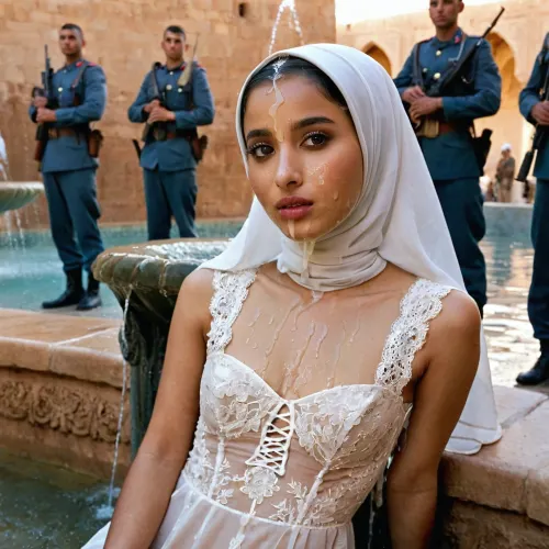 portrait of a, (very petite:1.3), (19 year old), (arabic woman), (lace-hijab), (lace-dress), (cum on face), (cum on hijab), sitting near a fountain. Behind her stand three Western men, soldiers in uniform. woman, cum, on, face, <lora:JustCum:1.1>