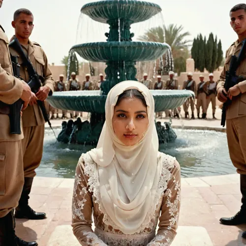 portrait of a, (very petite:1.3), (19 year old), (arabic woman), (lace-hijab), (lace-dress), (cum on face), (cum on hijab), sitting near a fountain. Behind her stand three Western men, soldiers in uniform. woman, cum, on, face, <lora:JustCum:1.1>