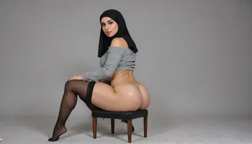 Hijab, goth, hijab, slut, extremely pretty face, oiled skin, tanned, huge natural saggy tits, solid color background, huge natural tits, big boobs, thick, curvy, super waist, waist, super thighs, super ass, thighs, large ass, big ass, white sexy long sleeves hip womens off shoulder wool sweater knitting dress, black high tights stockings, pouting big lips, looking at viewer, horny, long legs, hdr, ultra detailed face, clothe on, sfw, non nude, sitting with crossed legs on a chair pose