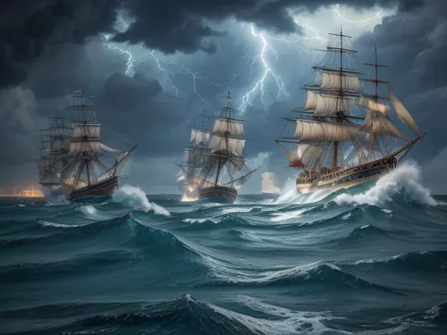 Seascape, ship on the high seas, storm, high waves, colored ink Mikhail Garmash, Louis Jover, Victor Cheleg, Damien Hirst, Ivan Aizovsky, Claude Joseph Vernet, broken glass effect, no background, amazing, vintage sailing ship, a strong storm, huge frothy waves, thunderclouds covered the entire sky, lightning flashes on the horizon, energy, molecular, textures, shimmering and luminescent colors, breathtaking beauty, pure perfection, divine presence, unforgettable, impressive, three-dimensional light, auras, rays, vibrant colors, Broken Glass effect, stunning, sea, undersea