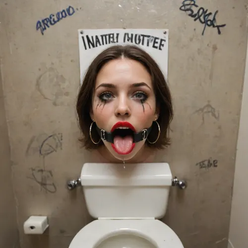 (human toilet in a bathroom), (woman stuck in wall mounted urinal:1.4), (only head visible:1.2), (look out of toilet:1.1), (pov:1), look up, bimbo face, red lipstick, slutty makeup, black pigtail, (questioning, unbelieving, raise eyebrow), (wide mouth spreader ring gag:1.2), (pissing cock:1.1), (piss in mouth:1.1), graffiti on walls, dirty surroundings, score_9, score_8_up, score_7_up, UHD 8K, masterpiece, best quality, maximum details, extreme realism, cinematic still