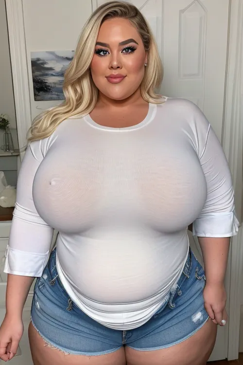 1 woman, white, American, hair, blonde, chubby face, pretty eyes, double chin, broad jawline, fat shoulders, strong arms, (((gigantic breasts under shirt:1.3))), (Wearing a loose wide oversized T-shirt white:1.2), blue Jeans, high Black Boots, high resolution, woman, 50 yo, slight wrinkles in face, looking into camera, Detailed Face, 3/4 body, chubby body, high definition face, high cheekbones, green eyes, seductive smile, fat ass, strong thighs, wide hips, bob haircut, bbw, chubby, plus-size, fat hips, denim, <lora:denimchicks:.8>