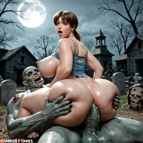 Rebecca chambers, torn clothes, dirty and sweaty, tits, out, thick curvy chubby body, giant perky breasts with large areolas, breast expansion, hyper wide hips, massive giant perky tits, giant fat ass, aroused pleasure face, spooninganal sex, (giant zombie monster 3 times the normal size:1.3), (zombie monster has giant cock:1.3), zombie grabbing ass, bouncing tits, tits in motion, bounce lines, ultra realistic, precum, masterpiece, best quality, in a dark foggy graveyard at night, detailed, eyes, perfect, freckles, skin, texture, photorealistic, <lora:add-detail-xl:.8>, <lora:Super_Eye_Detailer_By_Stable_Yogi_SDPD0:.8>, <lora:SDXLHighDetail_v6-000005:.8>