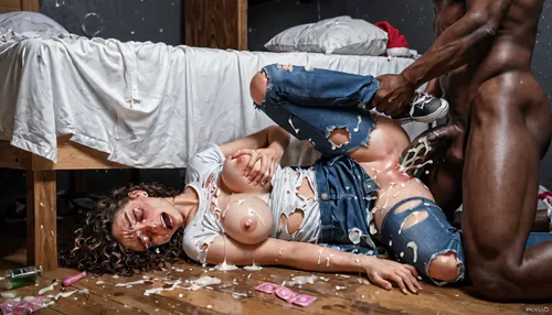 drunk college girl getting fucked in dark apt bedroom, curvaceous girl standing getting fucked doggystyle, small, black man groping tiny woman, pretty face, large black cock on her face, covered in cum, ripped clothes, virgin girl getting fucked, slut, whore for bbc penis, used condoms, messy, clothes on floor, dark room, cum everywhere, diverse, interracial, unconscious, party, embarrassed, watery eyes, crying, tears, drugs, drunk, roofie, sleeping, passed out, detailed aroused faces, dorm room, missionary, vaginal sex, wide shot, dorm room bed, (pants around ankles), one breast falling out of top, she is very aroused and having an orgasm, exposed, shock, disgust, arousal, groping, taboo