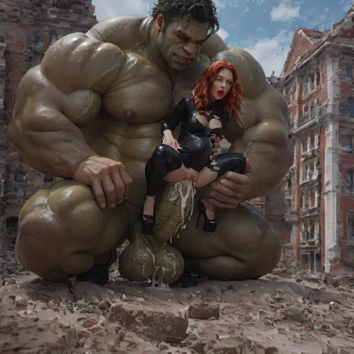 detail Black Widow, (red lipstick:1.3), lifting anal sex, (detail torn black latex costume, black very high platform high heels shoes), (detail giant size difference:1.3), (Hulk has a gigantic green veiny cock), his gigantic thick muscular body towers over her, (anally penetrated deeply by Hulk’s gigantic cock:1.5), (green gigantic cock:1.5), (the anal penetration is causing shaped stomach bulge:1.4), (detail Black Widow holding stomach bulge that accentuates the intensity of their savage anal intercourse), (moans in orgasmic ecstasy), 4K ultra-detailed image, HDR, enhancement, professional photography, realistic textures, maximum resolution, sharp focus, NSFW, picture, bulged, belly. Creampie, ((she is covered in cum)), (long curled red hair:1.2), (green, eyes)