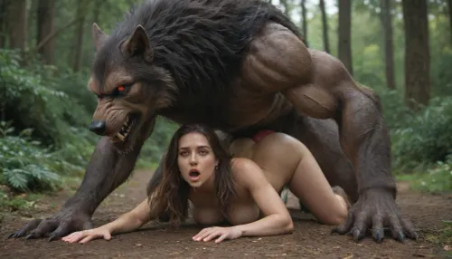 Werewolf, massive red knotted werewolf penis, red eyes, doggystyle sex, beautiful warrior woman, rough sloppy sex, primal mating, cum inside, growling, moaning and drooling from the mind melting orgasm, big full boobs, modern-werewolf, <lora:Modern_Werewolf:.8>, excessively hairy bush, dense long pubic hair, excessive pubic hair, <lora:253562_training_data:.8>, <lora:add-detail-xl:.8>