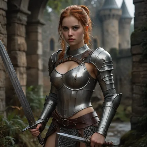 1girl, sexy heavily armored knight, fighting with Sword versus dragon, big boobs, D cup, a slim waist, sexy posture, dark fantasy, rembrant lighting, highly detailed castle overgrown with vegetation in the background, dragon, fighting dragon, athletic body with tight abs and toned muscles, heavy weighty metal armor that is worn from battle, belts and straps, metal armor plating, metal breastplate, large metal gauntlets, large metal pauldrons, medieval knight with heavy armor, bulky thick armor, water droplets on breasts, dimly light, soft gentle lighting, overgrown stone ruins, chain accessories, extremely detailed face with a strong jawline plus defined cheek bones plus freckles and beauty marks, stunningly beautiful face with a intoxicatingly seductive and aroused expression, radiating powerful sexual energy, overcast and rainy, cute tall nubile 18 year old girl, cute tall, tight ass, thick heavy metal tassets, big bow in ponytail, chainmail, chainmail skirt, chainmail mini skirt, <lora:add-detail-xl:.8>, <lora:style_lora_realis:.8>, detailxl