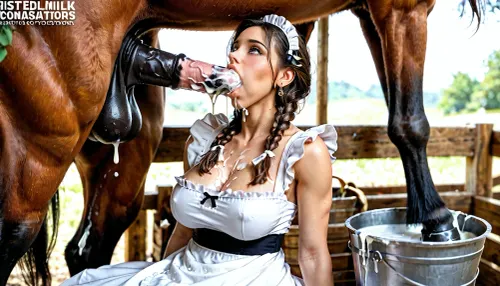 Beautiful woman, dark skin, large breasts. Hair in braids. Milk maid dress. Collecting cum from minotaur in a large bucket. Large horse penis ejaculating into bucket. Large horse penis in womans mouth. Minotaurs penis making womans throat bulge. Thriat stuffed with horse penis. Bucket overflowing with cum.
