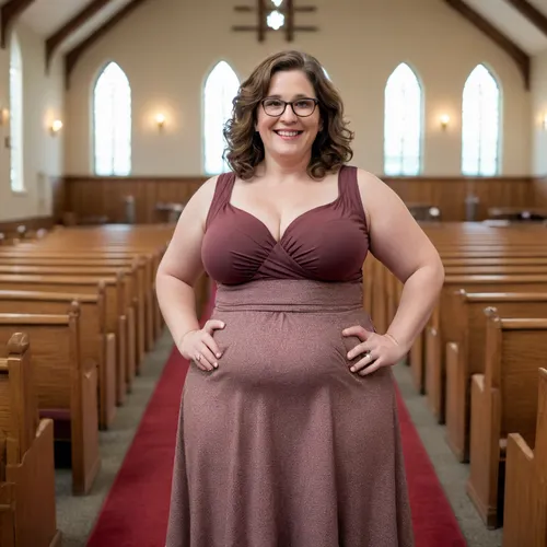 Cite 50-year-old buxom American woman with big hips in her church dress, fully dressed, short wavy brown, glasses, short and stocky, very overweight, large breasts, pale skin, smiling, full body view