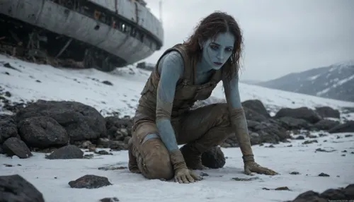 halfnude blue skinned alien female in torn space jumpsuit crawling through the snow, prostrated, wrecked, wounded, helpless, her broken wrecked space ship in background, not human, alien body, alien proportion, alien anatomy, green blood, (full-length image:1.3)