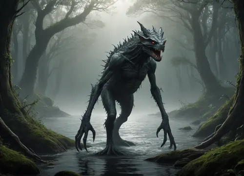 The scene is made on the ocean shore with dense vegetation in the style of dark fantasy-dystopia with a very detailed and atmospheric environment. The world is magically infected with glowing anomalies, perverted nature, and remnants of vanished civilizations. The light is unnatural, casting eerie shadows. Creatures and characters \ \ \ \ mystical, hybrid, animal-like anthropomorphic creatures with dangerous or wild traits. The art style combines elements of medieval fantasy.