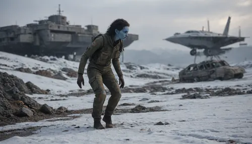 halfnude blue skinned alien female in torn space jumpsuit crawling through the snow, prostrated, wrecked, wounded, helpless, her broken wrecked space ship in background, not human, alien body, alien proportion, alien anatomy, green blood, (full-length image:1.3)