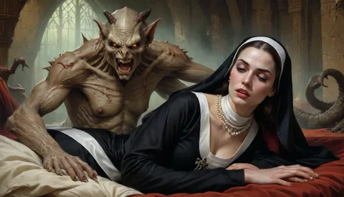 A dramatic, digitally enhanced image, 4/4 body view, pin-up style, digital art, A highly detailed digital painting depicts a scene of a woman in a nun's habit, lying asleep, with a large, grotesque, demon-like creature draped over her. 
The woman's face is peaceful, her eyes closed, her expression calm. Her skin is smooth and appears to be rendered with a high level of detail. She wears a dark, flowing nun's habit with a visible white collar and a pearl necklace. 
The demon is large and imposing, with a disturbingly detailed, almost reptilian texture to its skin, a deep orange-brown color. Its mouth is open wide, revealing sharp teeth. Its eyes are large and piercing. The demon's arms, which are long and slender, are wrapped around the woman. One gold earring is visible.
The background is a teal/emerald green fabric, creating a rich visual contrast against the subject matter. The painting style suggests realism with a touch of fantasy or macabre. The image is intensely focused on the interaction between the human subject and the monstrous being. The artist has focused on the physicality and close-quarters nature of the encounter, creating a sense of tension., <lora:hinaMaybeBetterPoseXL_v5-NoobAI:.8>, <lora:FLUX mimic - XL - SDXL v4.0:.8>, CCDWR, <lora:LORA_CCDWR:.8>