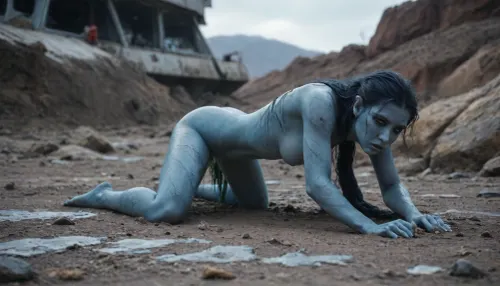 (not human, alien body, alien proportion, alien anatomy, green blood, (blue skin, scaly snake skin, reptile-like skin, scales)), alien female in torn and tattered space jumpsuit creeping through the snow, crawling, prostrated, (((halfnude))), wrecked, wounded, helpless, her broken wrecked space ship in background, (full-length image:1.3)