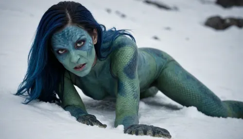 (not human, alien body, alien proportion, alien anatomy, snake-like face, green blood, ((blue skin), scaly snake skin, reptile-like skin, scales)), alien female in torn and tattered space jumpsuit creeping through the snow, crawling, prostrated, ((halfnude)), wrecked, wounded, helpless, her broken wrecked space ship in background, (full-length image:1.3)