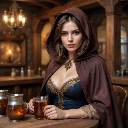 a Russian beauty milf, (dark brown hair, light brown eyes, medium breasts), rich aristocrat, incognito, in a poor black cape with a hood thrown over a rich dress, sits in a dirty dark tavern among drunken beggars. clay mugs, sexy cleavage, lace filigree of bright, rich color. Super clear, highly detailed watercolor, glaze technique, plus colored alcohol ink, style of V. Vasnetsov