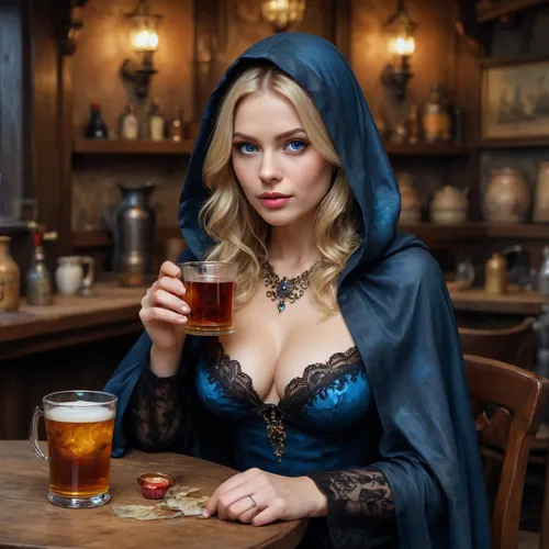 a Russian beauty milf, (blonde hair, blue eyes, medium breasts), rich aristocrat, incognito, in a black cape with a hood thrown over a rich dress, sits in a dirty dark tavern among drunken beggars. clay mugs, sexy cleavage, lace filigree of bright, rich color. Super clear, highly detailed watercolor, glaze technique, plus colored alcohol ink, style of V. Vasnetsov