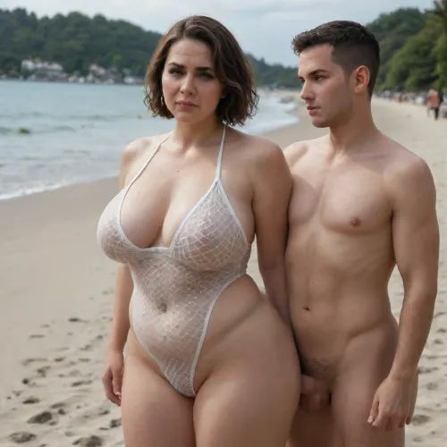 A souvenir photo, (((a skinny naked 20-year-old loser cuckold boy cum in her white fishnet short))), ((a super sexy 45 year old white MILF mistress plump curvy mother with brown bobcut hair and a tall, chubby body in sheer swimsuit crying on the left side)), on the beach, woman is angry, femdom mom, mistress mom, QOS, nice legs, thick belly, thick arms, very short neck, short upper chest, completely, nude, NSFW