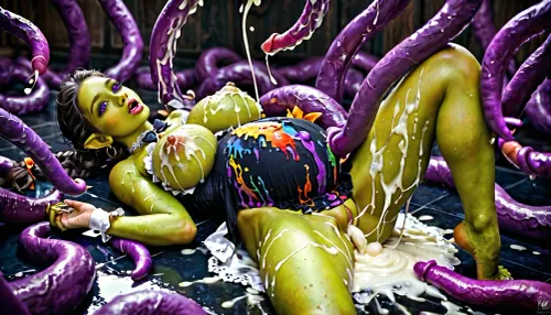 Beautiful goblin woman pregnant., green skin, large breasts. Hair in braids. Milk maid dress. Breasts exposed. Laying on floor. Surrounded by purple tentacles. Goblin woman is kissing Thick Purple tentacles. Vagina leaking cum onto floor . Tentacles ejaculating everywhere. Excessive cum