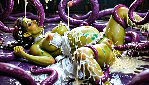 Beautiful goblin woman pregnant., green skin, large breasts. Hair in braids. Milk maid dress. Breasts exposed. Laying on floor. Surrounded by purple tentacles. Goblin woman is kissing Thick Purple tentacles. Vagina leaking cum onto floor . Tentacles ejaculating everywhere. Excessive cum