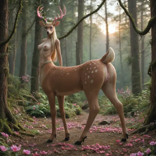 masterpiece, best quality, highly detailed, 4k, highly detailed face, full body view, ((((anthro deer body:1.7), (humantaur with second deer body, four legs:1.5))), (slim figure, very very long blonde hair undercut, pink highlight with different color flowers in her hair, Vines and tangles along her full bell, full sagging breasts, green enchantress trinkets. Blossoming and blooming flowers on her. She is one with the forest. Pure pure beauty. small hourglass figure, Sunrise, Forest, Long Shot Dripping cum out of her vagina. human face, with unmatched angelic beauty))