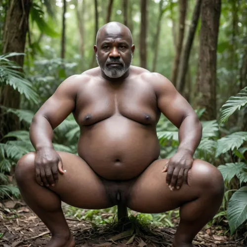 A 55 year old fat bald African black man, big belly, grey beard really dark skin, hairy penis, naked, full view squatting with hands on thighs, in a jungle