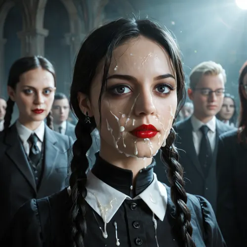 facing camara, 1 girl solo, sppoky moonlight mansion in distance, (intricate detailed Wednesday Addams face), intensely proud expression, (huge dark eyes with detailed black iris:1.2), dark bllod red lipstick detailed high collar buttoned black gothic top, very long very thick black briaded pigtails hair, several strings of thick lumpy white cum splashed across her face, after messy bukkake, several strings of thick lumpy white cum splashed over her hair, cum dripping, high detail, sharp focus, perfect lighting, awesome, dslr, 4k high quality. extra detail, extra sharp, magical, perfect moment, natural skin, pores, w3dn3sd4y, <lora:Wednesday-Jenna SDXL1.0:.8>