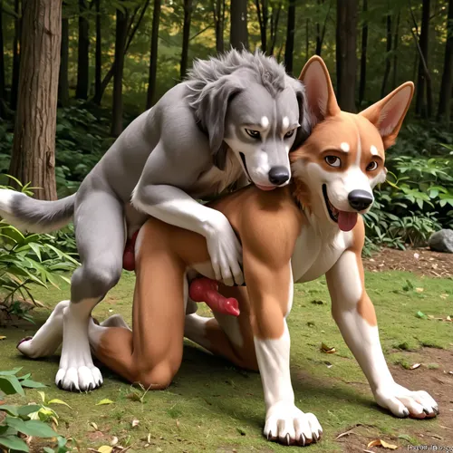 comic style, knot dog cock, analfucking, doggystyle, the gay furry redfox knotty analfucks doggystyle the gay grey furry hound in the forest!, <lora:01_Vortex_:.8>