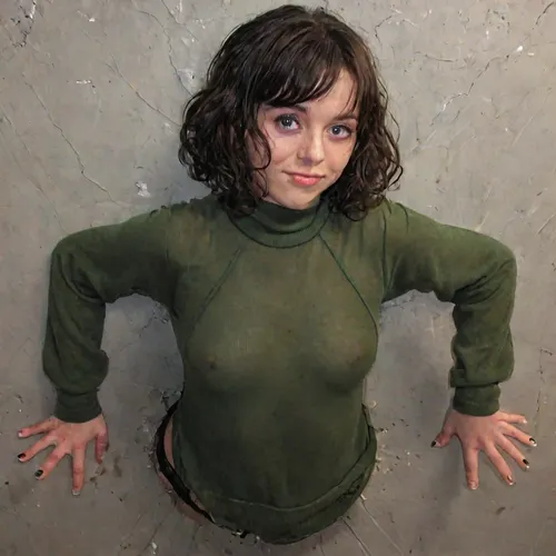 (photo realistic:1.2), (highly detailed skin), 1girl, long sleeves, small breasts, short dark hair, curly bobcut, wavy hair, looking at viewer, sweat, (dark emerald green cashmere pullover:1.2), (emerald green jumper:1.3), trapped_in_wall, stuck, in, wall, (realistic hands, 5fingers per hand), (lower body stuck in a hole in the wall:1.5), (only upper body protruding from wall)