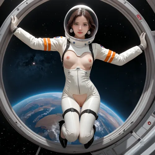 25yo brunette, (pale skin), ((looking at viewer)), large round circle earrings, petite body, (silicone boobs), detailed background, wearing black ankle strapped heels, ((very very transparent space suit with spherical space helmet:1.1)), (girl flying with jetpack in space), (in the background a giant alien spaceship powered by solar sails), full body, seminude, tits visible, pussy visible, (transparent:1.1)