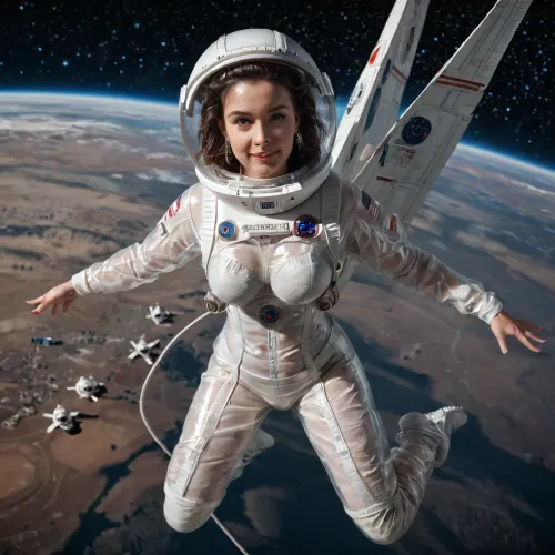 Super realistic, super detailed, super beautiful, perfect anatomy, 25yo brunette, ((looking at viewer)), (silicone boobs), detailed background, (wearing transparent plastic space suit with spherical space helmet), (girl flying with jetpack in space), (in the background a giant alien spaceship powered by solar sails), full body, tits visible, pussy visible, (transparent plastic spacesuit:.8)