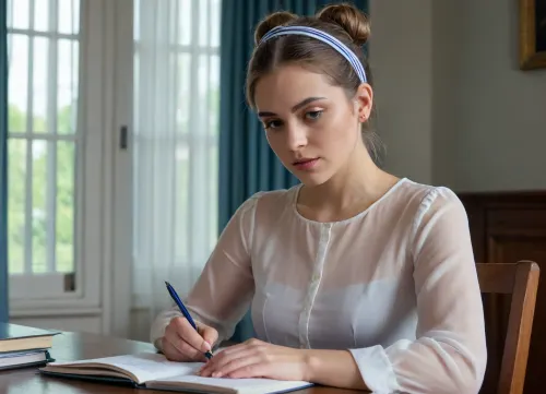 The image shows a young woman sitting at a table with an open notebook in front of her. She is wearing a very very wide opened transparent light white blouse and no bra under it, (her left titt is falling out of her blouse. other titt is looking half outside), Her delicate and petite skin shines through the transparent blouse, making all the contours of her body look and feel very aesthetic. Her hard nipples stand out. you can see in her face that she likes it to be exposed. she bite on her lips like a horny young girl that is not far away from her first clitorial multiple orgasm, she opened more her blouse. her nipples are very well visibly under the blouse and the dark red coloured hard nipples shine through the transparent fabric. her hair is tied up in a bun with a black and white striped headband. The woman is holding a blue pen and appears to be writing in the notebook. The background is blurred, but it seems like she is in a room with a window and curtains. The overall mood of the image is focused and contemplative.