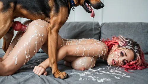 beautiful woman. large breasts. brightly colored hair. she is fit thick. she is fucking a dog. dog is mounting the woamn. dog is fucking moan hard. dog is fucking her from behind. woman is on her hands and knees. knotted dog penis in vagina. cum dripping from vagina. knotted dog penis in vagina. she is tired., (bukkake:1.5)
