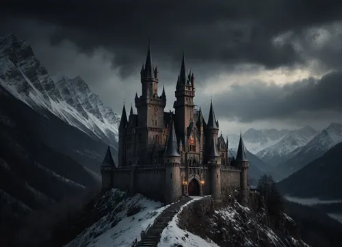 mountains, fantasy, gothic vampires castle, winter, storm, outdoors, photography