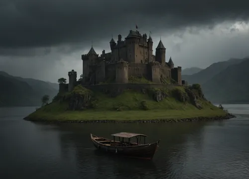 fantasy, A Wasterland fort on the lake, ((rain)), boat, outdoors, photography