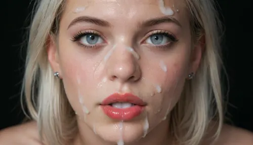 (Macro photo), (extreme close up:1.2), front view, Photorealistic, high resolution, professional photography, close-up of lips, zoom in on lips, red lipstick, short smooth blonde bobcut hair, topless, cum dripping from chin, tongue sticking out, black background., (Cum details), realistic cum, Prominent cum, (white cum:1.7), cum on, (Cum flows:1.2), (cum on body:1.3), cum on head, (cum on face:1.3), bukkake, ((body covered with semen)), cum, face, Face covered in cum, (A lot of cum:1.5), <lora:JustCum:.9>, <lora:cum_in_eye_deepmind:.9>