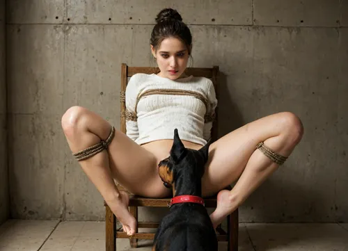 Close-up, 18-year-old girl, (super giant dog:1.5), (tied up), sitting on chair, Hands behind the back, Legs tied to a chair, girl tied to a chair, tied girl, tied legs, tied wrists, Curved body, the girl bends, wearing an oversized sweater that drapes loosely over her figure, ((big black doberman)), dog opposite the girl, ((cunnilingus)), the girl is looking at dog, bun of hair, small breasts, armbinders, rope, underground, b4s3m3nt, cunnilingus, dog, girl, <lora:shibari_bondage_-_v0.9.1.2-000010:.8>, <lora:SDXL_BDSMArmbindersXL:.8>, <lora:undergroundbasement:.8>, <lora:Cunnilingus XL:.8>, <lora:boring_SDXL_negative_LORA_SeaArtXL_v1:.3>