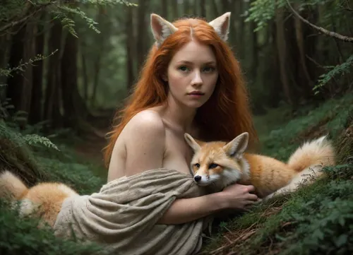 A young woman with long, flowing red hair and freckles gazes intensely at the viewer. She is in a dimly lit forest surrounded by trees, with soft, ethereal light filtering through the foliage. The woman full naked and she has a serene expression, (Nestled against her shoulder is a small, sleeping fennec fox:1.5), adding a whimsical touch to the composition. The background features blurred, dark green hues and hints of magical sparkles in the air, creating a mystical atmosphere. She is surrounded on all sides by big and small foxes. fr4z3tt4, ais-darkpartz, <lora:fr4z3tt4:.8>, <lora:Dark_Particles_Style_SDXL:.4>