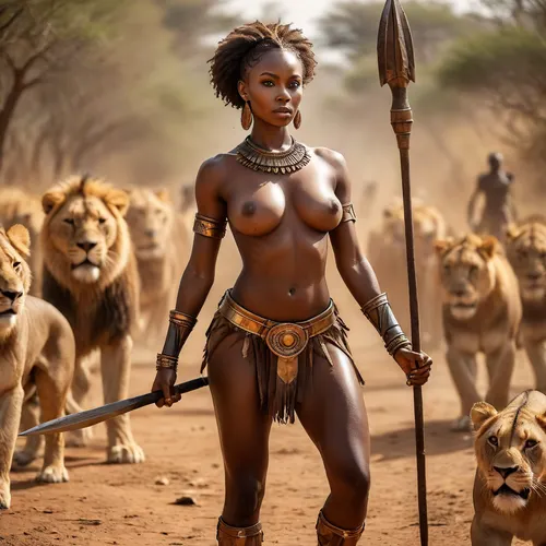 Beautiful African Queen battling a pride of lions, queen holds a spear and African shield, battle pose, saggy breasts, natural breasts, muscular ass, muscular thighs, glistening with sweat, <lora:MJ52:.8>, <lora:bombshell_v2:.4>