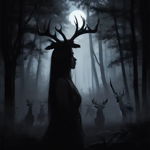 Painting of a majestic, antlered women standing in a dark, moonlit forest. The women, resembling a mix of deer and elk, has large, intricate antlers, a thick, shaggy mane, and glowing eyes. Silhouetted trees and a glowing horizon in the background add to the eerie, mystical atmosphere. #©KITTYART



































#©KITTYART