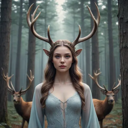 This digital artwork features a majestic women with imposing antlers set against a twilight forest. The use of cool, muted tones and soft light creates a serene, mystical atmosphere. The smooth, stylized trees, suggesting a blend of realism and fantasy. The composition evokes a sense of tranquility and otherworldliness. #©KITTYART



































#©KITTYART