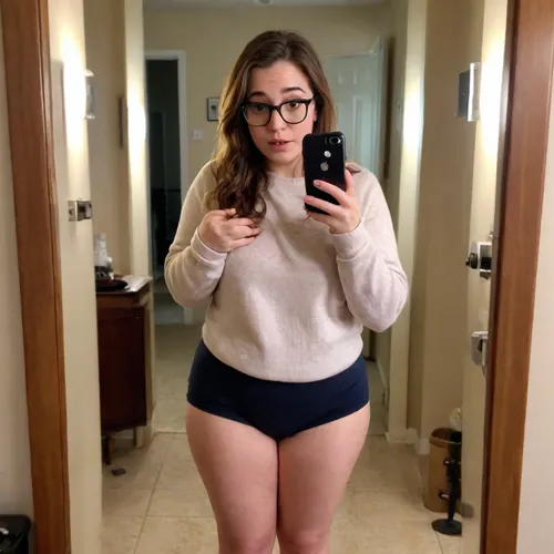 A chubby, 30 year old nerdy looking woman taking a mirror selfie with no makeup, sweaty, messy brown hair, acne, glasses, big nose, wearing a sweater. Full body photo, Bad lighting, bad angle, gross, saggy, unflattering, greasy, natural, ass, ass cheeks, thighs, bottomless iphone, mirror, selfie, holding, <lora:phone_v01:1>