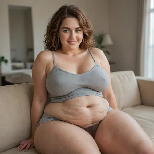 fat milf, obese, 75 years old, auburn hair, heather gray high waist shorts, heather grey spaghetti strap leotard, facing viewer, looking at viewer, green eyes, eye contact, flirting, smiling, living room background, sitting on the couch, showing her plump pussy, fupa, chubby, wide hips, big hips, pregnant, preggo, (blurred background), (cellulite:1.3), (saggy), (excessive pubic hair)