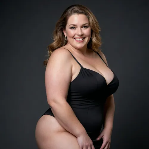 This full-shot image features fat ssbbw mature woman in her 50s, striking a pose against a plain black background. She has light brown hair that reaches her shoulders and is styled with a side part, framing her face. She is wearing a black dress with thin straps, though the full extent of the dress is not visible. Her left arm is bent at the elbow, with her hand near her chest, wearing a wedding ring. She is smiling broadly, revealing her teeth, and looking towards the right side of the frame. Her posture suggests a dynamic movement, with her body slightly twisted and her legs spread apart as if in mid-step. The lighting is from the front, illuminating her face and the front of her body. She has a big ass.